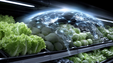 Market racks full of greens, holographic Earth above, shining global supply lines