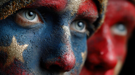 Patriotic american faces with stars and stripes painted showing national pride and independence