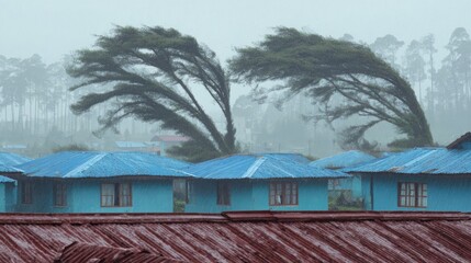View of storm and disaster outside a house window with strong wind, fog, earthquake effects, and explosion damage, showing chaos, danger, cloudy sky, trees and rooftops.