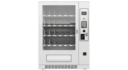 A modern white vending machine with multiple shelves filled with empty product holders, isolated on a transparent background