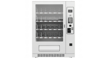 A modern white vending machine with multiple shelves filled with empty product holders, isolated on a transparent background