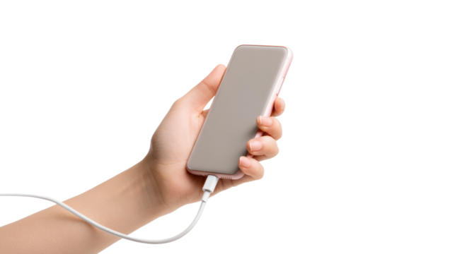 Hand holding a smartphone with charging cable, modern device on white background.