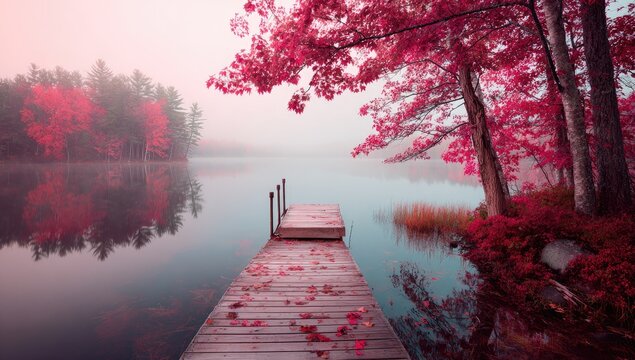 Misty autumn lake scene with a wooden dock and vibrant pink trees - Powered by Adobe