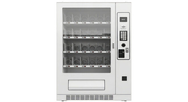 A modern white vending machine with multiple shelves filled with empty product holders, isolated on a transparent background