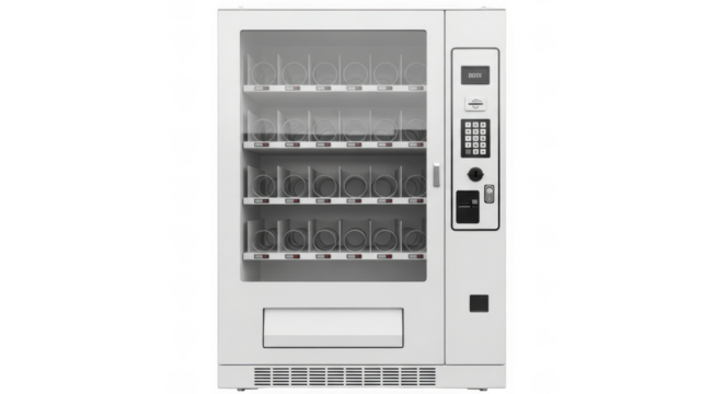 A modern white vending machine with multiple shelves filled with empty product holders, isolated on a transparent background