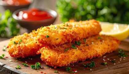 Close-up shot of golden-brown, crispy fried fish fillets, garnished with parsley and lemon, served on a wooden board, with two bowls of red sauce