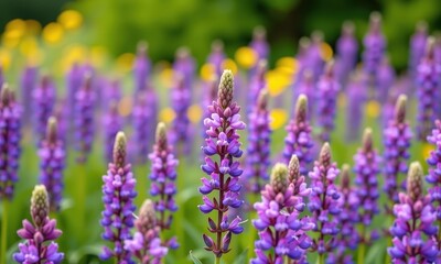 Fototapeta premium Panorama of a blurred summer field of purple salvia flowers, background, flowers