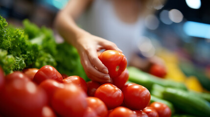 Womanâs hand selecting tomatoes, grocery counter lined with assorted veggies