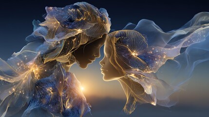 Ethereal faces merging in a cosmic backdrop. Past life threads system, past life threads system for connection, proven past life threads system unlocking clarity