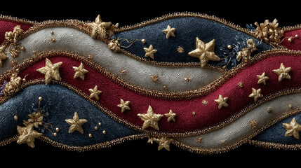 American flag pieces golden stars and ribbons form an elegant patriotic border on classic black