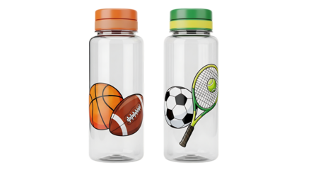 Two Transparent Water Bottles with Sport Ball Graphics