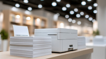 Copier station with neat paper piles, softly focused filing shelves, crisp lighting
