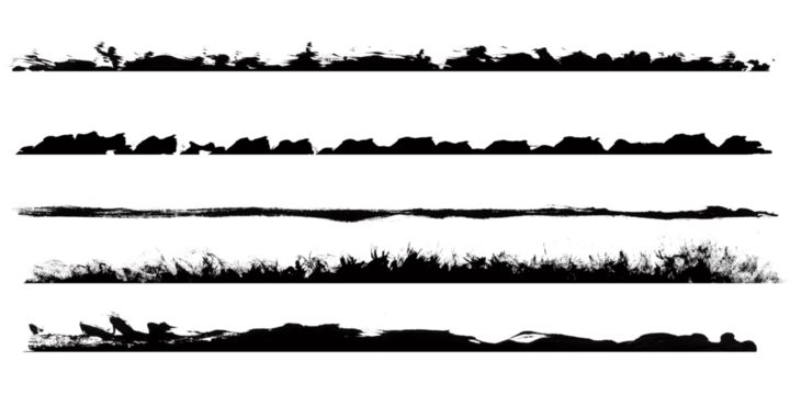 Four grunge brush stroke lines isolated on transparent background, abstract artistic elements for design