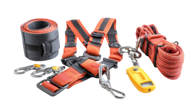 Safety harness equipment with ropes, hooks, and clips on a white isolated background.