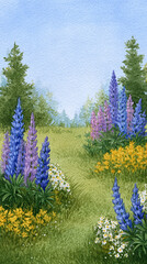 Fototapeta premium A Vibrant Scene of Blooming Lupins and Wildflowers in a Serene Nature Landscape Surrounded by Lush Greenery Under a Clear Sky