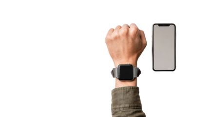Smartwatch on wrist beside a smartphone, modern technology showcase.