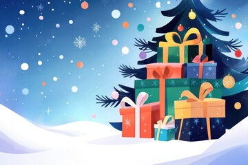 Festive holiday scene with snowflakes and colorful gift boxes under pine branches