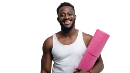 Smiling man holding a pink yoga mat, ready for a workout after exercising.