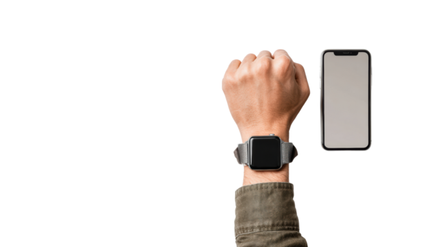 Smartwatch on wrist beside a smartphone, modern technology showcase.