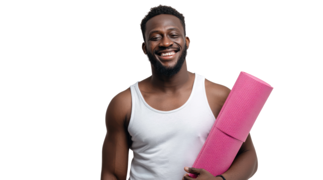 Smiling man holding a pink yoga mat, ready for a workout after exercising.