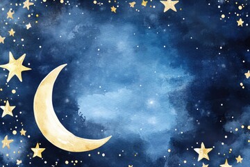 Naklejka premium Whimsical night sky with crescent moon and golden stars on a deep blue background