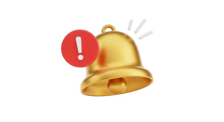 A golden 3d notification bell icon with a red circle and white exclamation mark signals an important alert isolated on transparent background