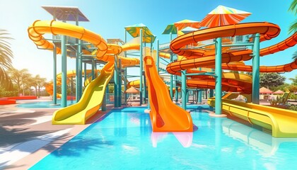 Empty colorful waterslides in the resort aquapark with sea view, sunny day. Water slide with children pool in aqua park, summer fun activity, vacation leisure, holiday entertainment 3D illustration