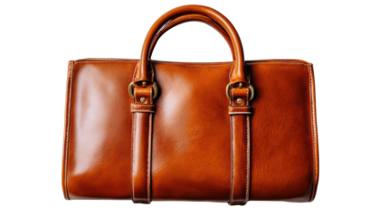 Stylish brown leather handbag on a white isolated background.