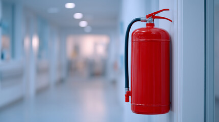 ÐÑÐ¾Ð³ÑÐ°Ð¼Ð° ChatGPT ÑÐºÐ°Ð·Ð°Ð»Ð°: Fire extinguisher in wall cabinet, bright red on white hospital wall, softly lit corridor, safety focus