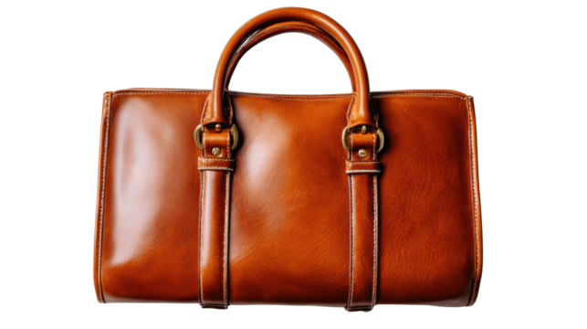 Stylish brown leather handbag on a white isolated background.
