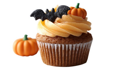 Pumpkin cupcake with bat topper, isolated on transparent background 