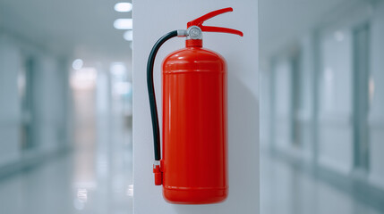 Obraz premium ÐÑÐ¾Ð³ÑÐ°Ð¼Ð° ChatGPT ÑÐºÐ°Ð·Ð°Ð»Ð°: Fire extinguisher in wall cabinet, bright red on white hospital wall, softly lit corridor, safety focus