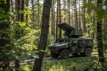 Military vehicle equipped with a missile launcher stationed in a forest, representing a wartime or World War scenario on AI Generated