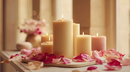 Burning candles with rose petals