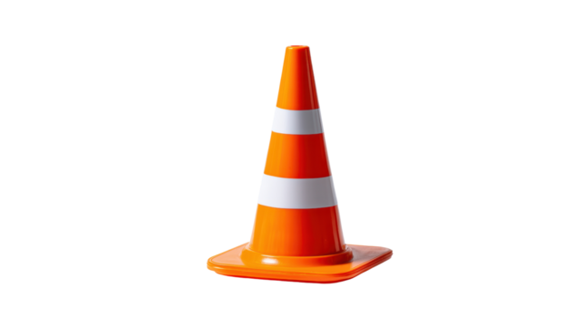 Traffic cone on white isolate background, used for road safety and construction.