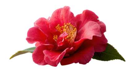 Vibrant pink camellia flower with lush green leaves on a white isolated background.