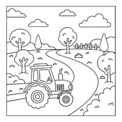 A charming countryside scene featuring a tractor on a winding road surrounded by trees and fluffy clouds.