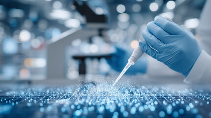 Close-up hands handling DNA samples, pipettes, microcentrifuge tubes, microscope blurred, precision genetic testing