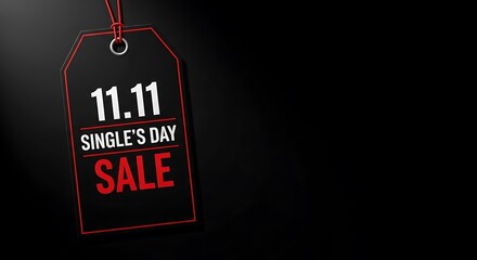 A black tag with white and red text reading singles day sale on a black background with a metal ring