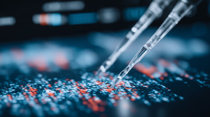 Close-up scientific handling of DNA, pipettes and tubes sharp, background microscope and computer soft, lab testing focus