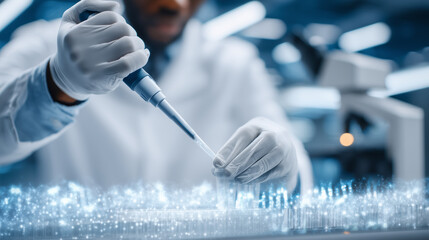 Close-up hands handling DNA samples, pipettes, microcentrifuge tubes, microscope blurred, precision genetic testing