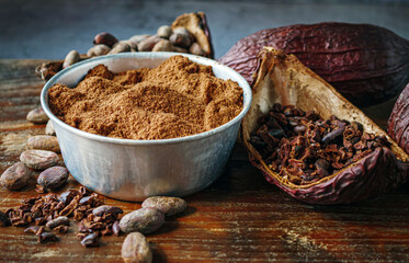 Close-up of Natural cocoa powder with brown cocoa beans and dry cacao nibs