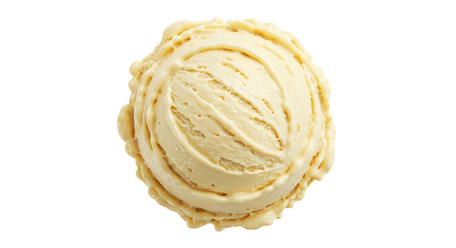 Overhead shot of a single vanilla ice cream scoop isolated on transparent background, showcasing its smooth texture and creamy color