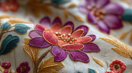 Exquisite floral embroidery with golden bead accents on textured fabric