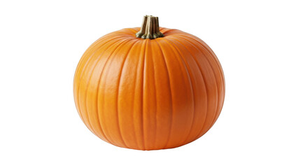 A single, ripe orange pumpkin with a textured stem sits isolated on a plain transparent background