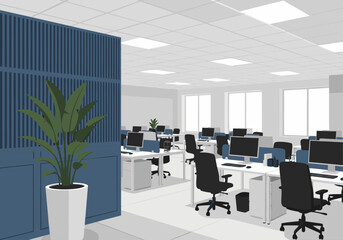 Professional business workspace interior featuring an open-plan layout with computer desks and modern furniture. Vector graphic design concept