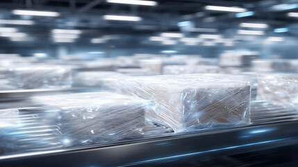 Organized supply room close-up, aligned boxes, glossy plastic wrap, spotlight on precision and sterility
