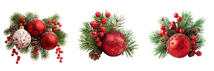 Set of Christmas fir branch arrangement with golden stars and festive ribbon on transparent png background. Ai generated