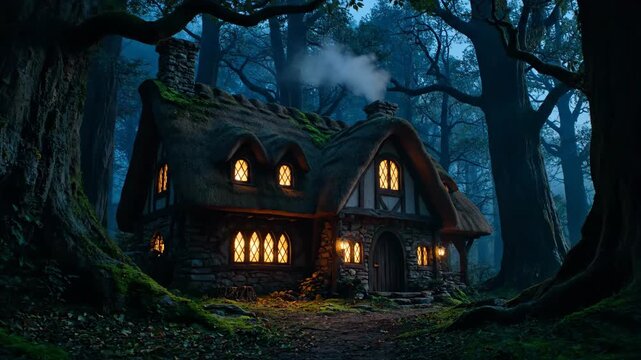 A magical fairytale cottage glowing in an enchanted forest at night. Cozy storybook house with smoke rising from the chimney. Fantasy animation concept