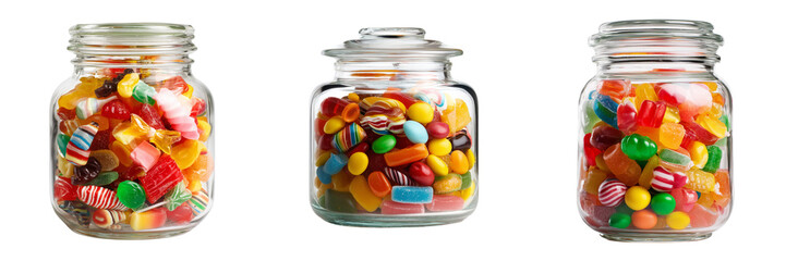 Set of Clear jar full of colorful jelly beans, placed on pink table on transparent png background. Ai generated